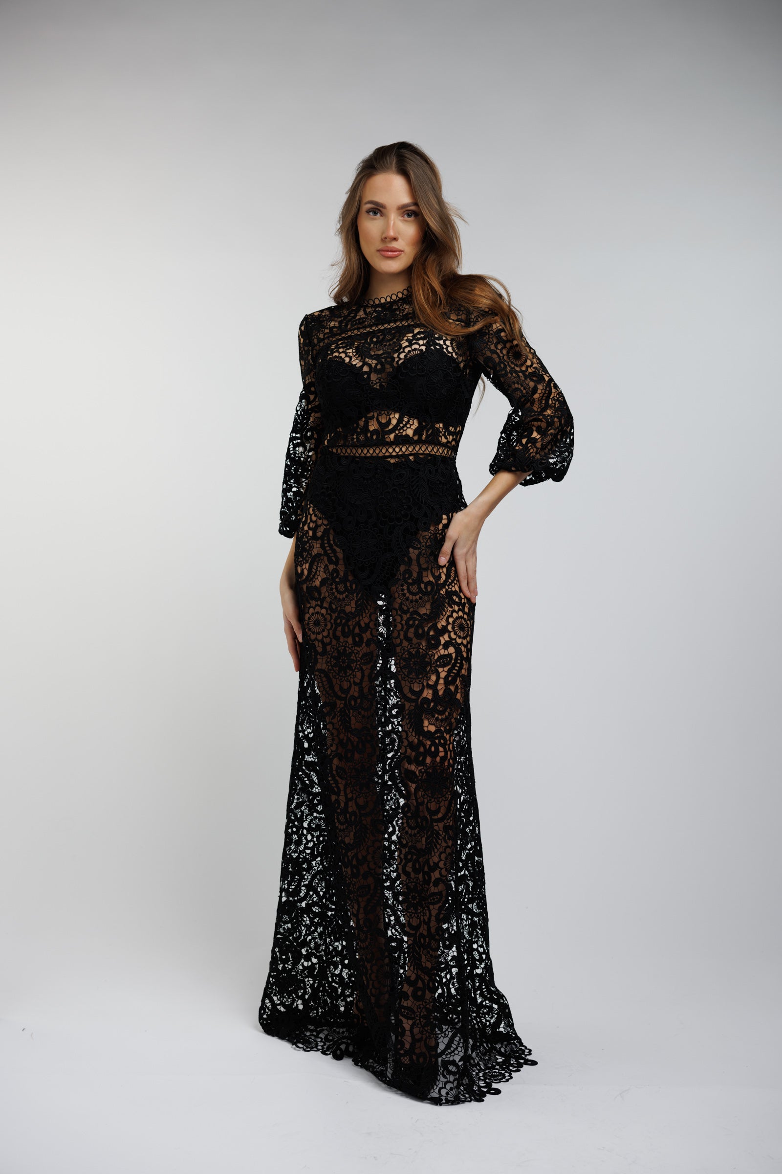 Dress Aurora - maxi, black, long sleeves