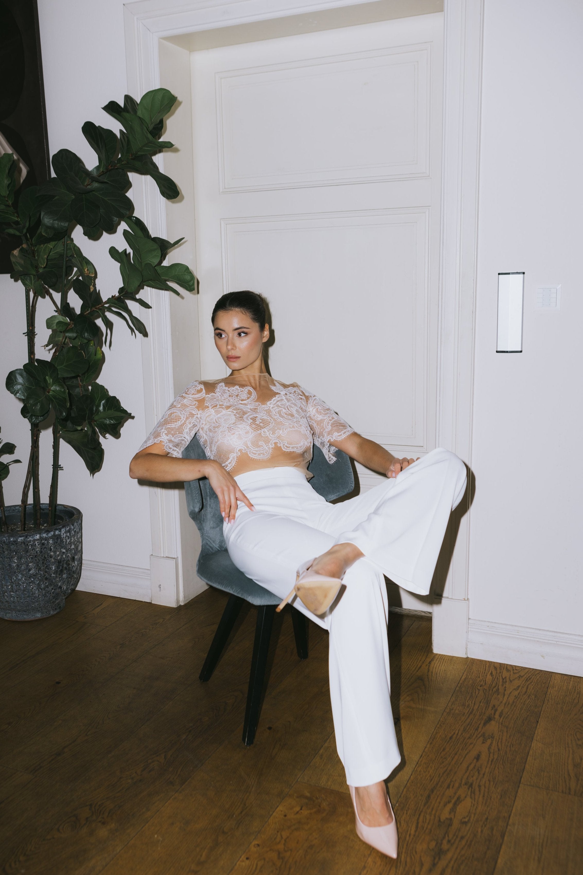 Tulle and lace Blouse Gloria - White and beige