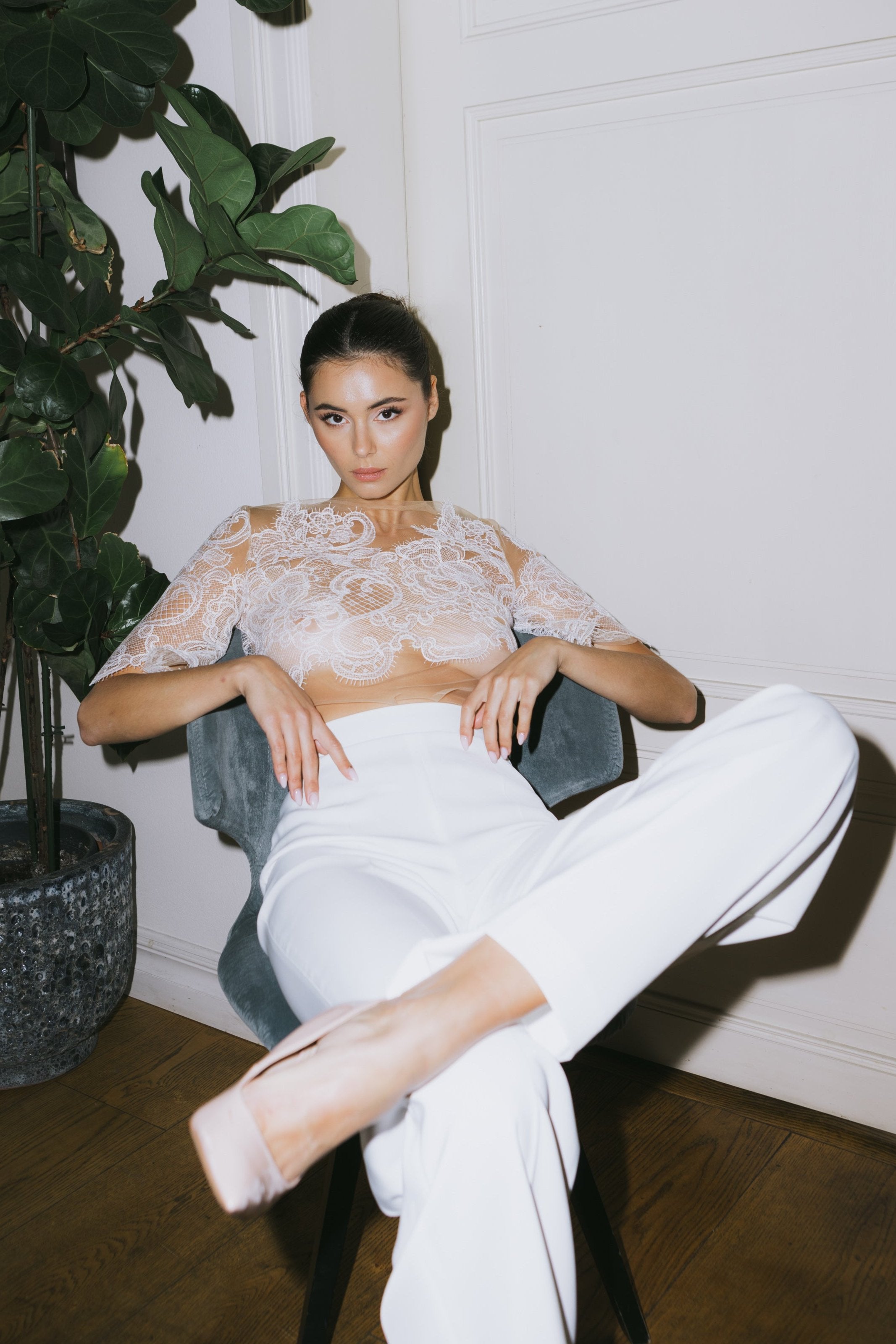 Tulle and lace Blouse Gloria - White and beige