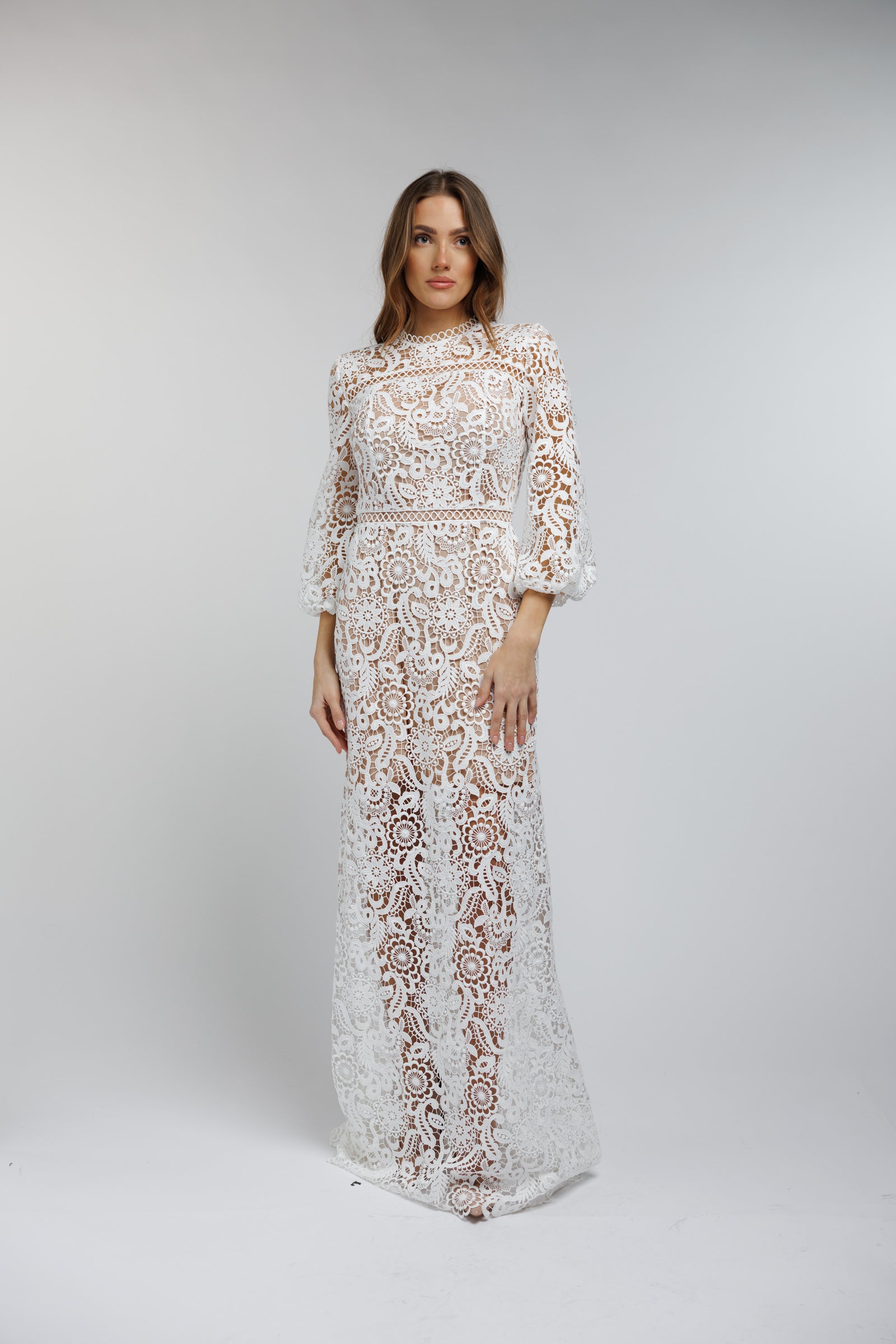 Dress Aurora - maxi, white, long sleeves