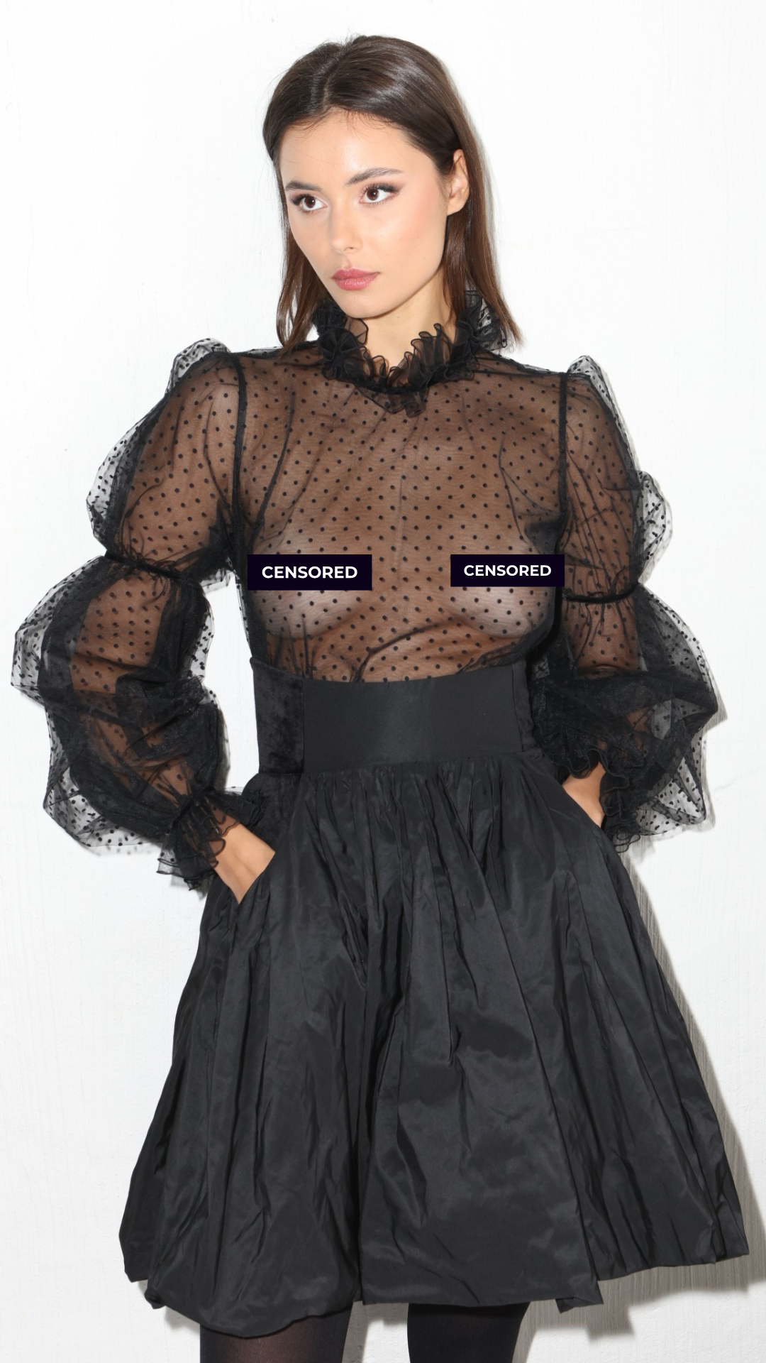 Tulle Blouse Mary - Black, Long Sleeve